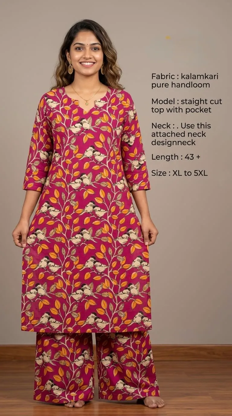 Kalamkari Pure Handloom Frock – Magenta Bird Print - frocks saree at Sneha Collections Hyderabad