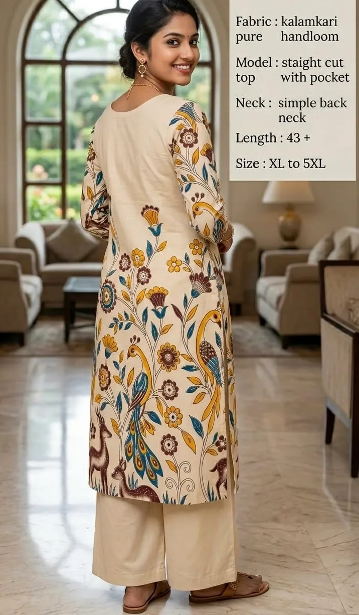 Kalamkari Pure Handloom Frock – Cream Peacock Print - frocks saree at Sneha Collections Hyderabad