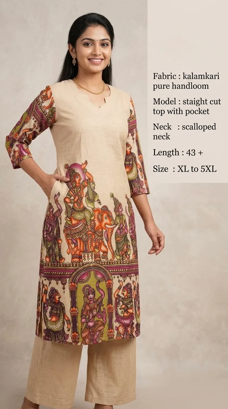 Kalamkari Pure Handloom Frock – Beige Deity Print - frocks saree at Sneha Collections Hyderabad