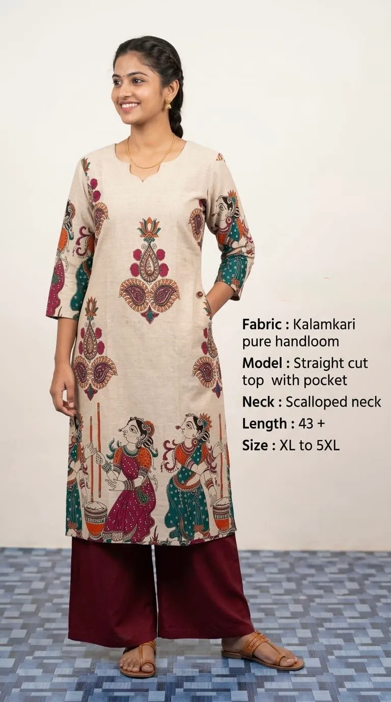 Kalamkari Pure Handloom Frock – Beige Dancer Print - frocks saree at Sneha Collections Hyderabad