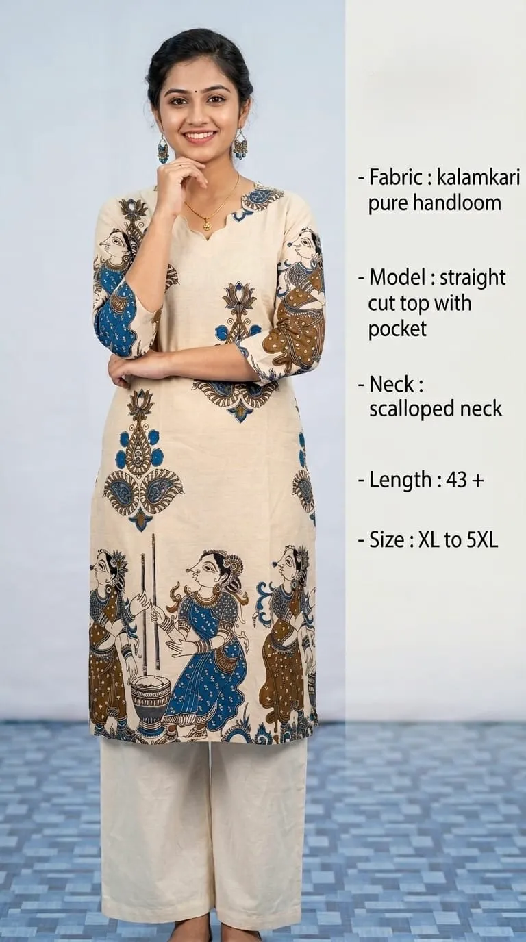 Kalamkari Pure Handloom Frock – Beige Indigo Dancer Print - frocks saree at Sneha Collections Hyderabad