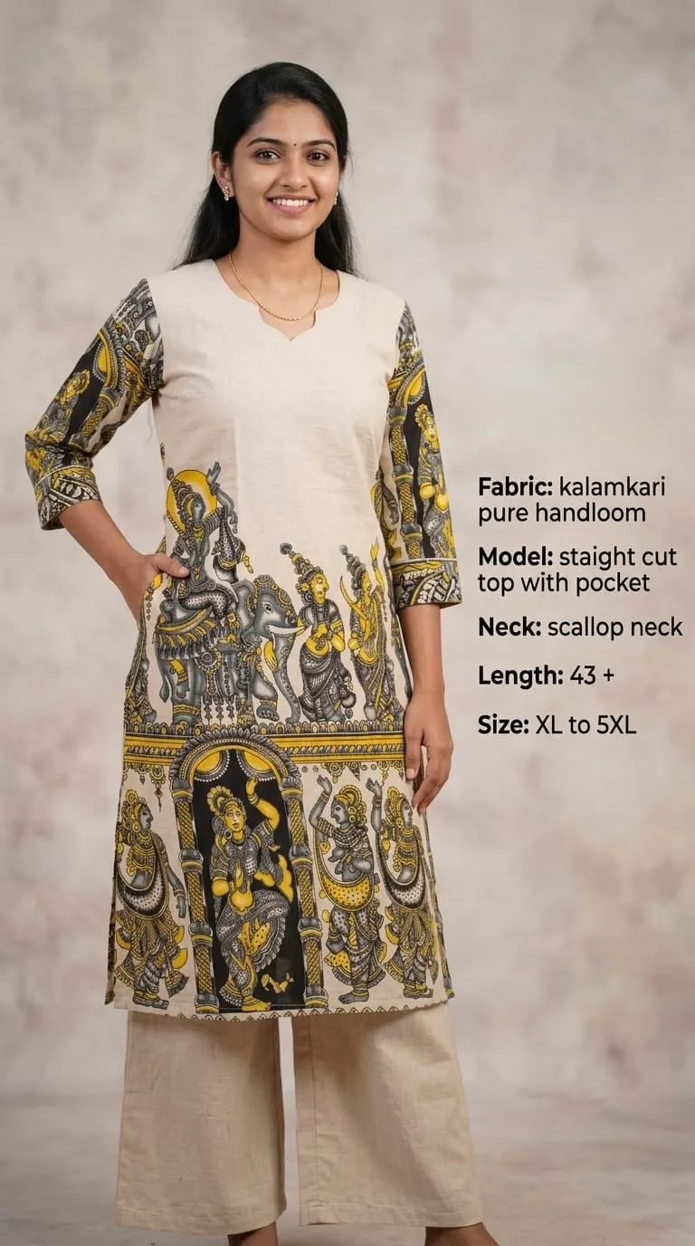 Kalamkari Pure Handloom Frock – Beige Mustard Deity Print - frocks saree at Sneha Collections Hyderabad