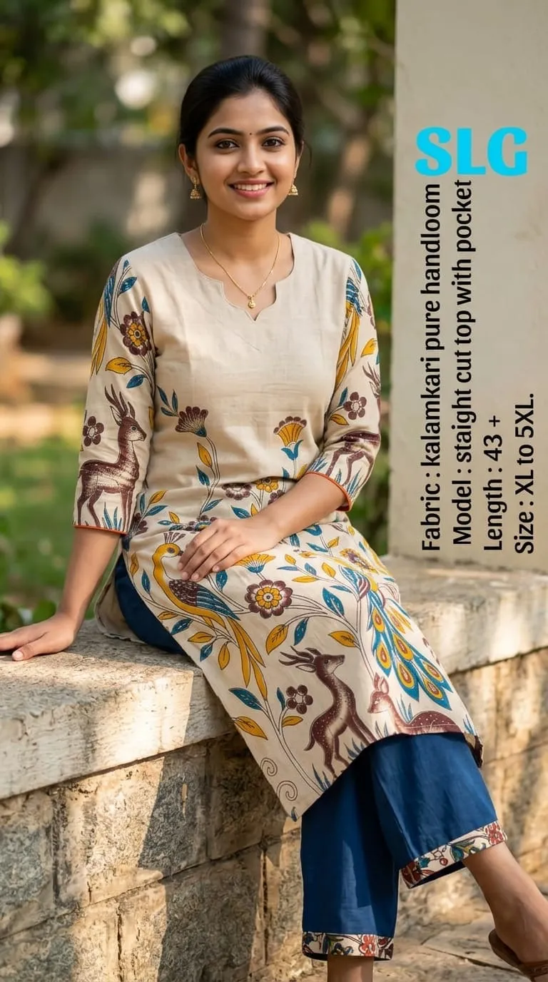 Kalamkari Pure Handloom Frock – Beige Peacock Print - frocks saree at Sneha Collections Hyderabad
