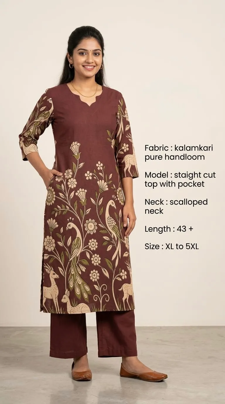 Kalamkari Pure Handloom Frock – Brown Peacock Print - frocks saree at Sneha Collections Hyderabad