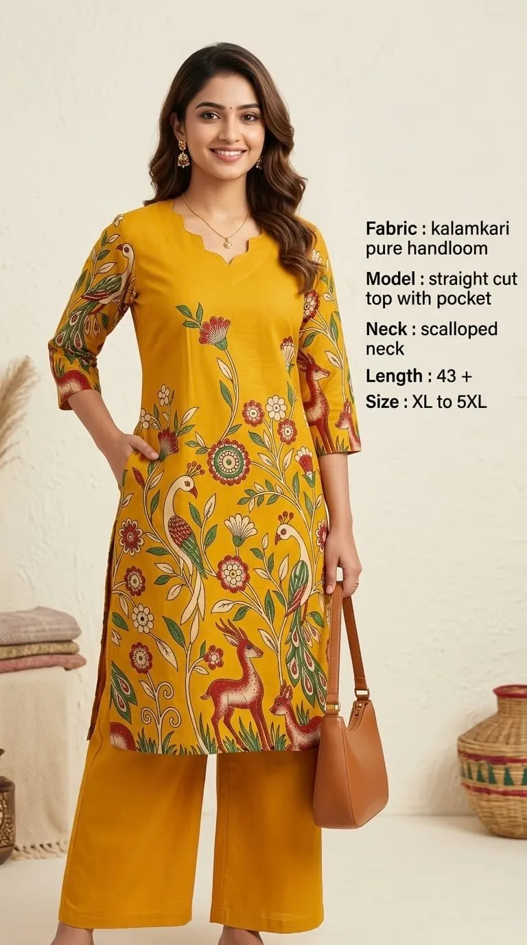 Kalamkari Pure Handloom Frock – Mustard Peacock Print - frocks saree at Sneha Collections Hyderabad