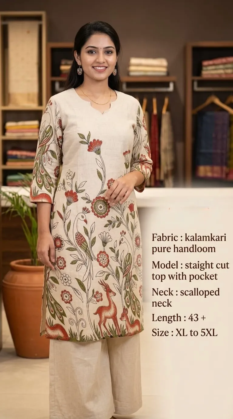 Kalamkari Pure Handloom Frock – Cream Peacock Print - frocks saree at Sneha Collections Hyderabad